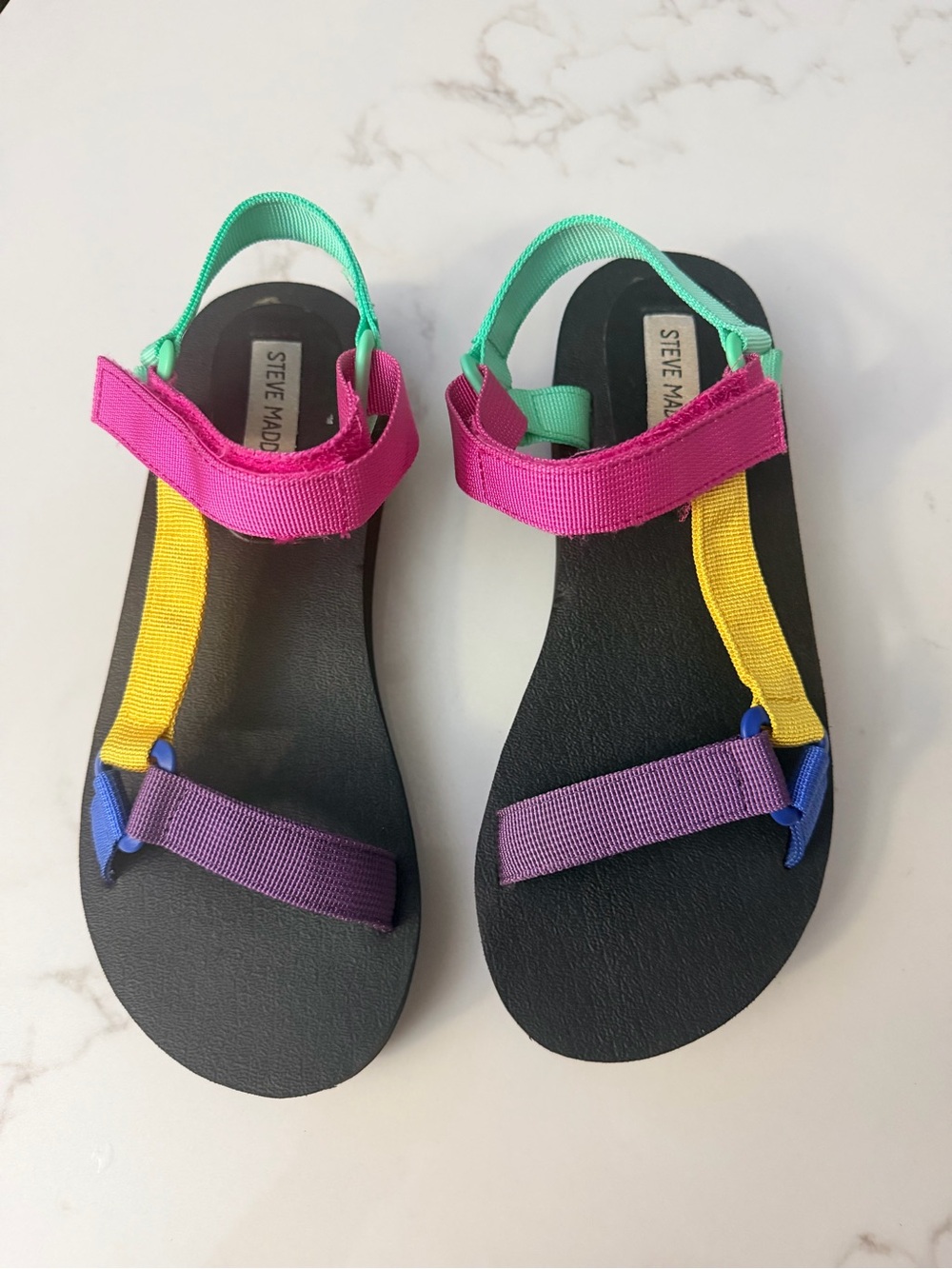 Steve Madden women Colorblock Strap Sandals in Pink, Green, Yellow, Purple & Blu